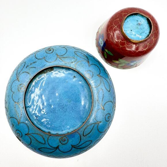 Antique Chinese Cloisonne Cup And Plate Red w Blue Dogwood Pink Lotus Pattern - Picture 8 of 13